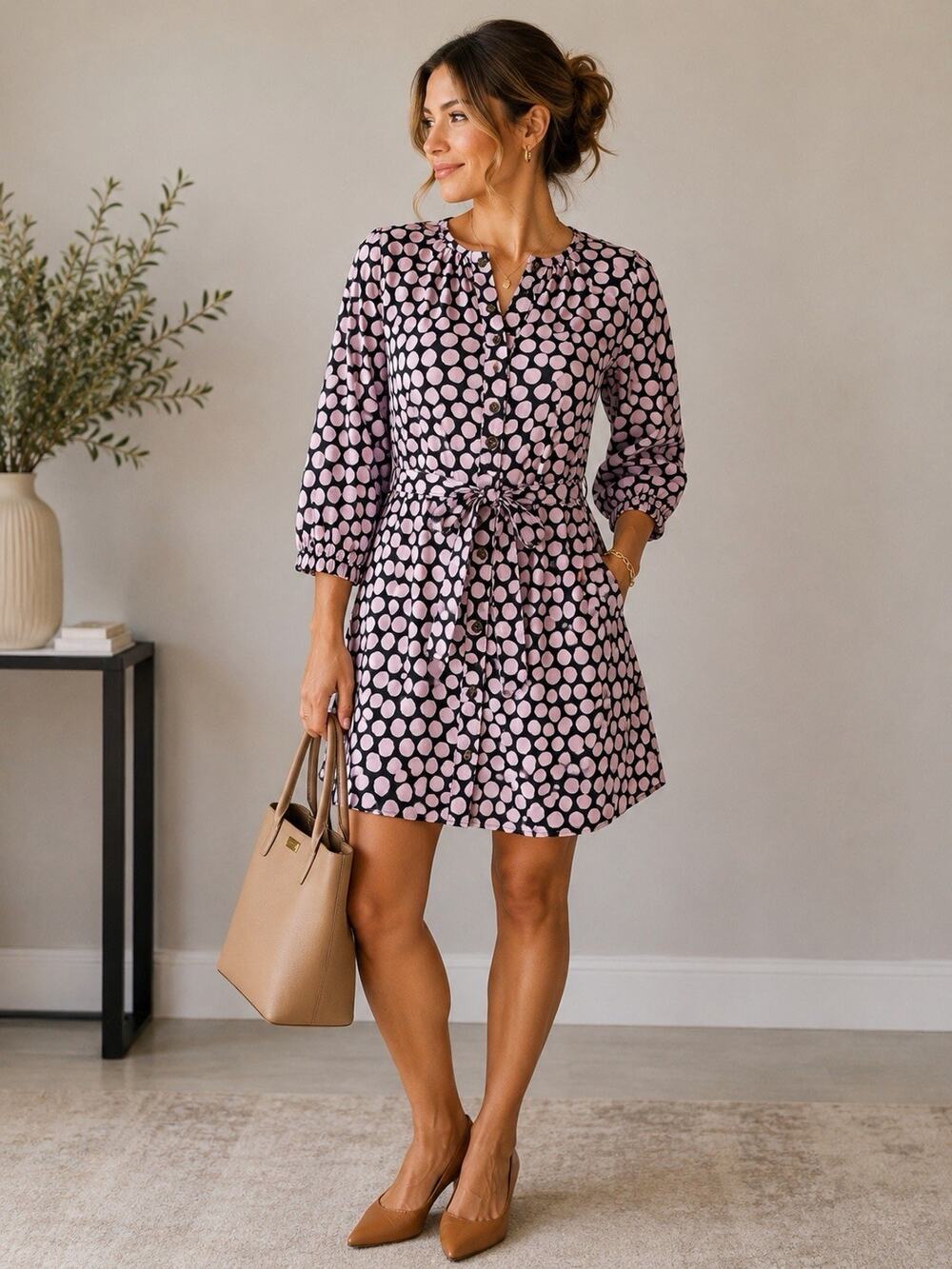 Who What Wear Black Pink Polka Dot Tie Waist Shirt Cotton Dress Coquette Retro M